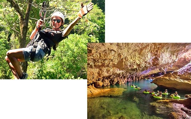 Adventure seekers enjoying ziplining through the jungle and cave tubing inside Belize’s Nohoch Che’en cave system